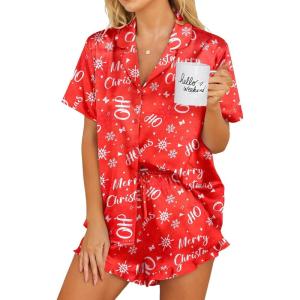 image:imageEkouaer Womens Satin Pajamas Set Button Down 2 Piece Silk Pjs Shorts Set Ruffle Lingerie Notch Collar SleepwearZchristmas Red