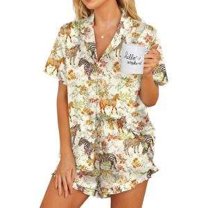 image:imageEkouaer Womens Satin Pajamas Set Button Down 2 Piece Silk Pjs Shorts Set Ruffle Lingerie Notch Collar SleepwearZebra Collection