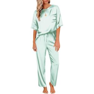 image:imageEkouaer Womens Satin Silky Pajama Set Short Sleeve Shirt with Long Pajama Pant Set Soft PJ LoungewearAqua Green