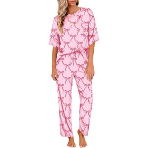 image:imageEkouaer Womens Satin Silky Pajama Set Short Sleeve Shirt with Long Pajama Pant Set Soft PJ LoungewearBow