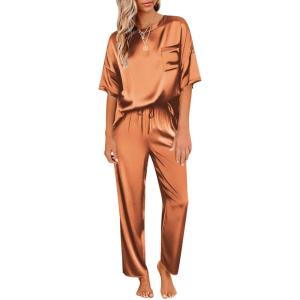 image:imageEkouaer Womens Satin Silky Pajama Set Short Sleeve Shirt with Long Pajama Pant Set Soft PJ LoungewearCaramel