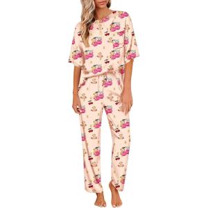 image:imageEkouaer Womens Satin Silky Pajama Set Short Sleeve Shirt with Long Pajama Pant Set Soft PJ LoungewearCherry Teddy