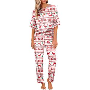 image:imageEkouaer Womens Satin Silky Pajama Set Short Sleeve Shirt with Long Pajama Pant Set Soft PJ LoungewearChristmas
