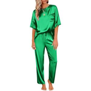 image:imageEkouaer Womens Satin Silky Pajama Set Short Sleeve Shirt with Long Pajama Pant Set Soft PJ LoungewearFresh Green