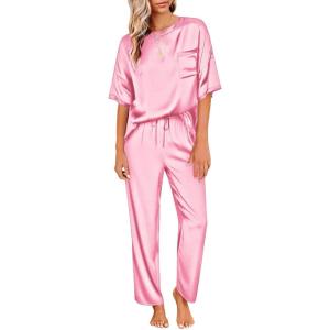 image:imageEkouaer Womens Satin Silky Pajama Set Short Sleeve Shirt with Long Pajama Pant Set Soft PJ LoungewearHot Pink