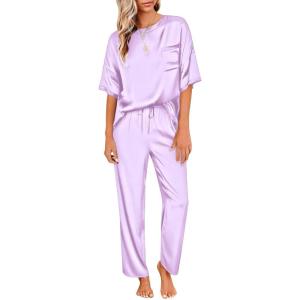 image:imageEkouaer Womens Satin Silky Pajama Set Short Sleeve Shirt with Long Pajama Pant Set Soft PJ LoungewearLavender
