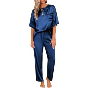 image:imageEkouaer Womens Satin Silky Pajama Set Short Sleeve Shirt with Long Pajama Pant Set Soft PJ LoungewearNavy Blue
