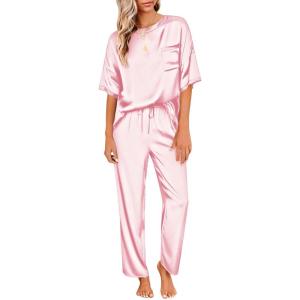 image:imageEkouaer Womens Satin Silky Pajama Set Short Sleeve Shirt with Long Pajama Pant Set Soft PJ LoungewearPink