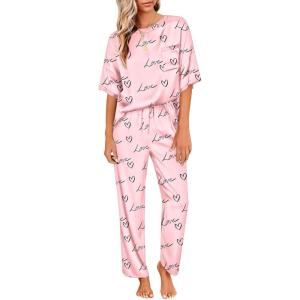 image:imageEkouaer Womens Satin Silky Pajama Set Short Sleeve Shirt with Long Pajama Pant Set Soft PJ LoungewearPink Love