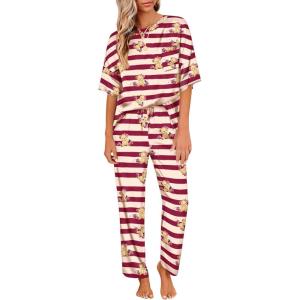 image:imageEkouaer Womens Satin Silky Pajama Set Short Sleeve Shirt with Long Pajama Pant Set Soft PJ LoungewearStriped Teddy