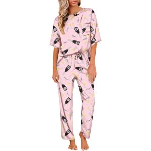 image:imageEkouaer Womens Satin Silky Pajama Set Short Sleeve Shirt with Long Pajama Pant Set Soft PJ LoungewearWine Glass