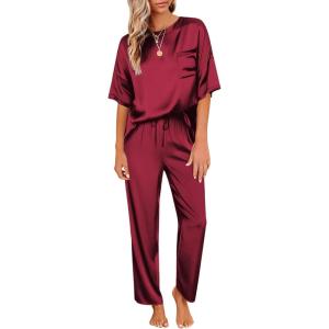 image:imageEkouaer Womens Satin Silky Pajama Set Short Sleeve Shirt with Long Pajama Pant Set Soft PJ LoungewearWine Red