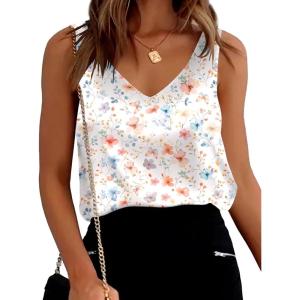 image:imageEkouaer Womens Silk Satin Tank Tops V Neck Casual Cami Sleeveless Camisole Blouses Summer Basic Tank ShirtFlowers ButterfliesWhite