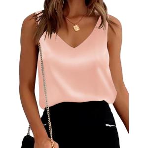 image:imageEkouaer Womens Silk Satin Tank Tops V Neck Casual Cami Sleeveless Camisole Blouses Summer Basic Tank ShirtLight Pink