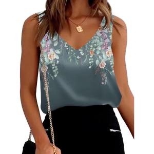 image:imageEkouaer Womens Silk Satin Tank Tops V Neck Casual Cami Sleeveless Camisole Blouses Summer Basic Tank ShirtPlants FlowersGray