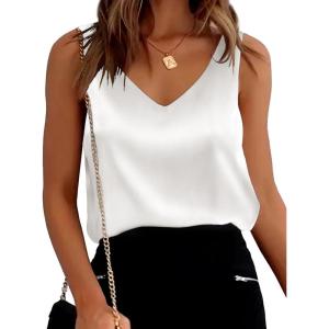 image:imageEkouaer Womens Silk Satin Tank Tops V Neck Casual Cami Sleeveless Camisole Blouses Summer Basic Tank ShirtWhite