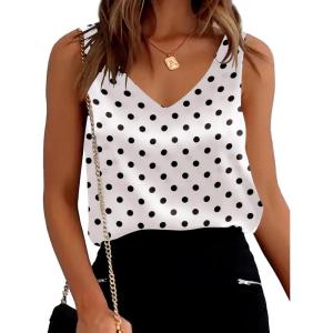 image:imageEkouaer Womens Silk Satin Tank Tops V Neck Casual Cami Sleeveless Camisole Blouses Summer Basic Tank ShirtWhiteBlack Wave Dot