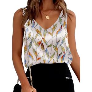 image:imageEkouaer Womens Silk Satin Tank Tops V Neck Casual Cami Sleeveless Camisole Blouses Summer Basic Tank ShirtWhiteGreenYellow Leaf