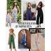 image:imageEkouaer Wide Leg Jumpsuits for Women Casual Overalls Sleeveless Vacation Outfits One Piece Boho Printed Romper with PocketFloral Navy Blue