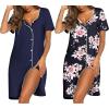 image:imageEkouaer Nightgowns for Women 2 Pack Button Down Sleepshirt Short Sleeve Nightshirt Soft Sleepwear V Neck Pajama DressNavyBlack Floral