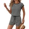 image:imageEkouaer Womens Rompers for Summer Casual One Piece Short Jumpsuit 2026 Striped Cap Sleeve Beach Clothes Travel OutfitsBlack Striped