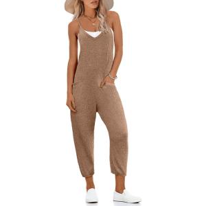 image:imageEkouaer Jumpsuits for Women Sleeveless Spaghetti Strap Ribbed Overall Jumpsuit V Neck Summer Romper with Pockets 2026Brown