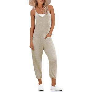 image:imageEkouaer Jumpsuits for Women Sleeveless Spaghetti Strap Ribbed Overall Jumpsuit V Neck Summer Romper with Pockets 2026Khaki