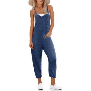 image:imageEkouaer Jumpsuits for Women Sleeveless Spaghetti Strap Ribbed Overall Jumpsuit V Neck Summer Romper with Pockets 2026Navy Blue