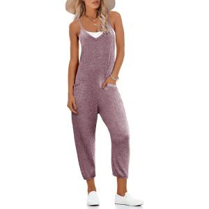 image:imageEkouaer Jumpsuits for Women Sleeveless Spaghetti Strap Ribbed Overall Jumpsuit V Neck Summer Romper with Pockets 2026Purple Red