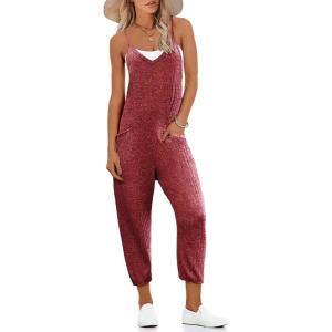 image:imageEkouaer Jumpsuits for Women Sleeveless Spaghetti Strap Ribbed Overall Jumpsuit V Neck Summer Romper with Pockets 2026Wine Red
