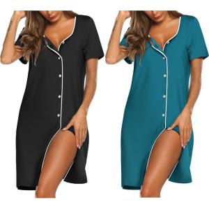 image:imageEkouaer Nightgowns for Women 2 Pack Button Down Sleepshirt Short Sleeve Nightshirt Soft Sleepwear V Neck Pajama DressBlackBlue Green