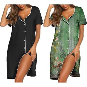 image:imageEkouaer Nightgowns for Women 2 Pack Button Down Sleepshirt Short Sleeve Nightshirt Soft Sleepwear V Neck Pajama DressBlackGreen Flower