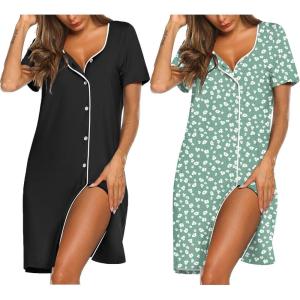 image:imageEkouaer Nightgowns for Women 2 Pack Button Down Sleepshirt Short Sleeve Nightshirt Soft Sleepwear V Neck Pajama DressBlackGreen White Florals