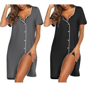 image:imageEkouaer Nightgowns for Women 2 Pack Button Down Sleepshirt Short Sleeve Nightshirt Soft Sleepwear V Neck Pajama DressBlackGrey