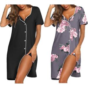 image:imageEkouaer Nightgowns for Women 2 Pack Button Down Sleepshirt Short Sleeve Nightshirt Soft Sleepwear V Neck Pajama DressBlackGrey Floral