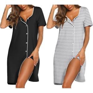 image:imageEkouaer Nightgowns for Women 2 Pack Button Down Sleepshirt Short Sleeve Nightshirt Soft Sleepwear V Neck Pajama DressBlackGrey Stripe