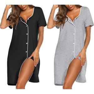 image:imageEkouaer Nightgowns for Women 2 Pack Button Down Sleepshirt Short Sleeve Nightshirt Soft Sleepwear V Neck Pajama DressBlackLight Grey