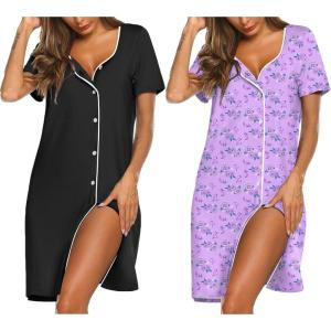 image:imageEkouaer Nightgowns for Women 2 Pack Button Down Sleepshirt Short Sleeve Nightshirt Soft Sleepwear V Neck Pajama DressBlackLilac White Florals