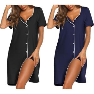 image:imageEkouaer Nightgowns for Women 2 Pack Button Down Sleepshirt Short Sleeve Nightshirt Soft Sleepwear V Neck Pajama DressBlackNavy Blue