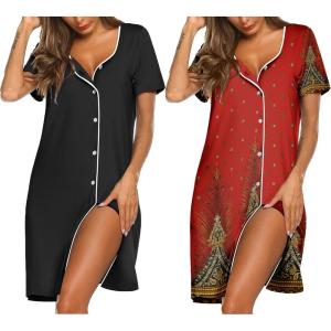 image:imageEkouaer Nightgowns for Women 2 Pack Button Down Sleepshirt Short Sleeve Nightshirt Soft Sleepwear V Neck Pajama DressBlackRed Feather