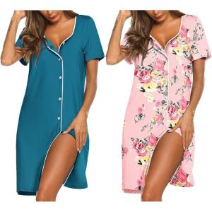 image:imageEkouaer Nightgowns for Women 2 Pack Button Down Sleepshirt Short Sleeve Nightshirt Soft Sleepwear V Neck Pajama DressBlue GreenPink Floral