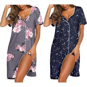 image:imageEkouaer Nightgowns for Women 2 Pack Button Down Sleepshirt Short Sleeve Nightshirt Soft Sleepwear V Neck Pajama DressGrey FloralBlue Star