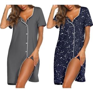 image:imageEkouaer Nightgowns for Women 2 Pack Button Down Sleepshirt Short Sleeve Nightshirt Soft Sleepwear V Neck Pajama DressGreyBlue Star