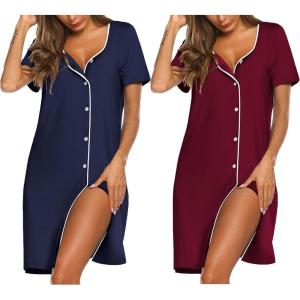 image:imageEkouaer Nightgowns for Women 2 Pack Button Down Sleepshirt Short Sleeve Nightshirt Soft Sleepwear V Neck Pajama DressNavyRed
