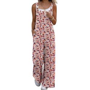 image:imageEkouaer Overalls for Women Loose Wide Leg Jumpsuits Casual One Piece Floral Boho Outfits Baggy Jumpers Comfy Summer RompersOrange Pink Floral