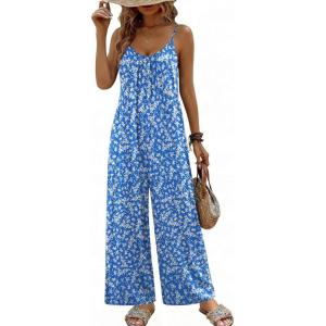 image:imageEkouaer Wide Leg Jumpsuits for Women Casual Overalls Sleeveless Vacation Outfits One Piece Boho Printed Romper with PocketFloral Blue