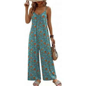 image:imageEkouaer Wide Leg Jumpsuits for Women Casual Overalls Sleeveless Vacation Outfits One Piece Boho Printed Romper with PocketFloral Blue Green