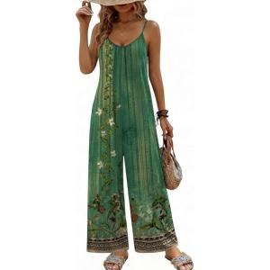 image:imageEkouaer Wide Leg Jumpsuits for Women Casual Overalls Sleeveless Vacation Outfits One Piece Boho Printed Romper with PocketFloral Ice Green