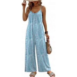 image:imageEkouaer Wide Leg Jumpsuits for Women Casual Overalls Sleeveless Vacation Outfits One Piece Boho Printed Romper with PocketFloral Light Blue