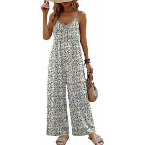 image:imageEkouaer Wide Leg Jumpsuits for Women Casual Overalls Sleeveless Vacation Outfits One Piece Boho Printed Romper with PocketWhite Print